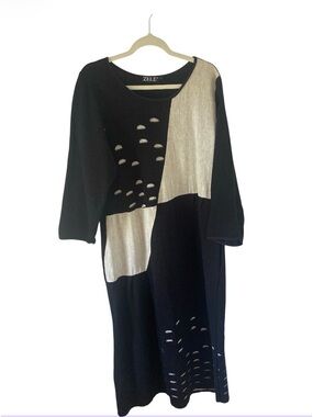Zele Black and Cream Colorblock Midi Dress size L made from linen from Poland